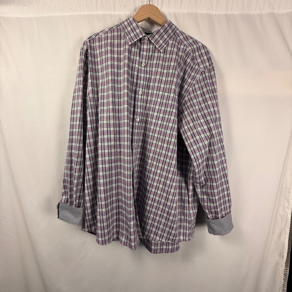 Johnston Murphy‎ Plaid Button Down Shirt Mens XL Purple White Green Long Sleeve